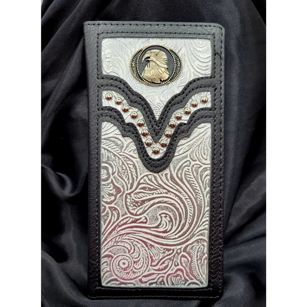 Eagle concho Western wallet long Bifold studded black & white silver embossed ,